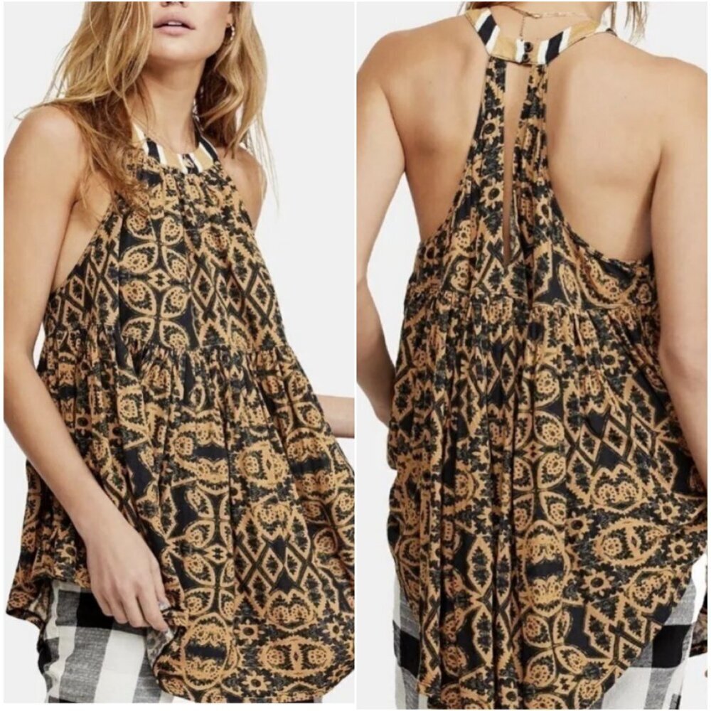 Free People Boho Linen Blend Mimi Black Multi Print Tunic NEW